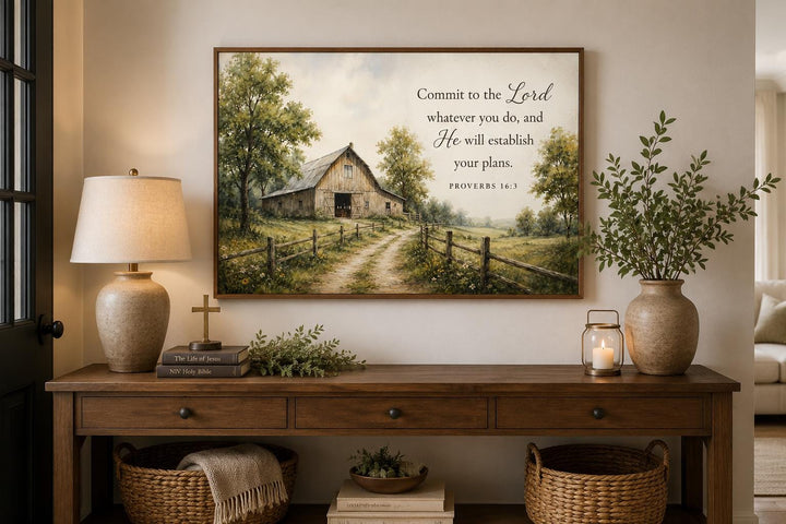 Proverbs 16:3 scripture wall art featuring a rustic barn painting in a farmhouse entryway.