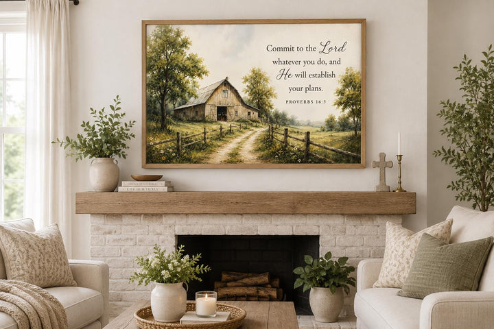 Proverbs 16:3 rustic barn wall art above a fireplace in a farmhouse-style living room.