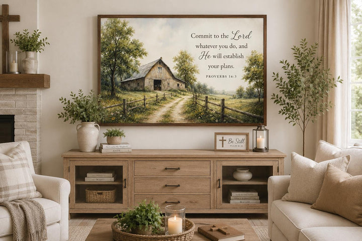 Proverbs 16:3 scripture canvas art featuring a rustic barn landscape in a farmhouse living room.