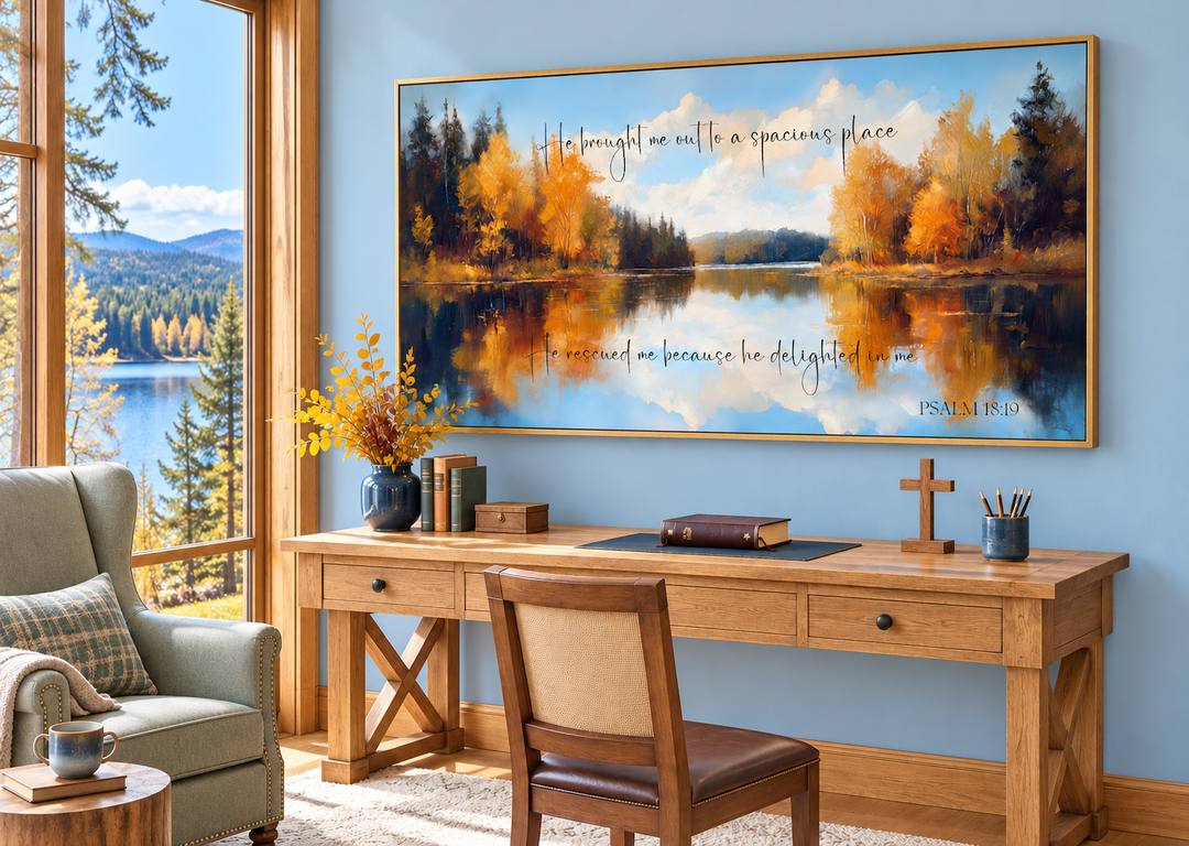 Psalm 18:19 scripture canvas art featuring an autumn lake painting above a wooden desk.