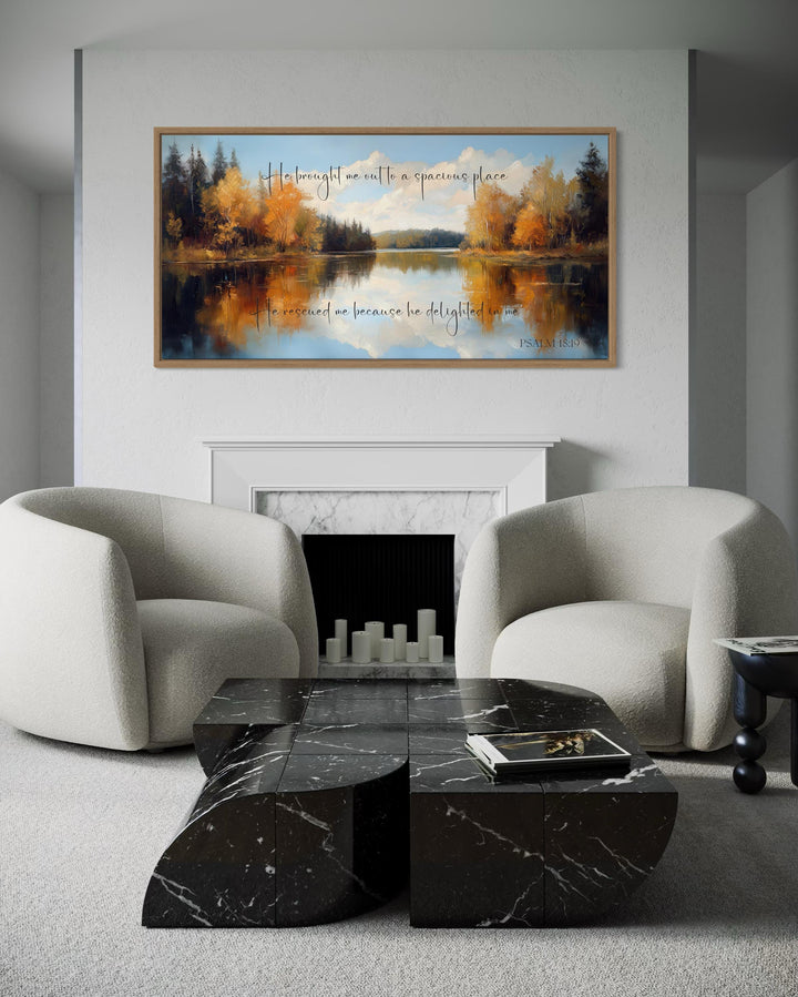 Psalm 18:19 canvas art with autumn lake painting and scripture.
