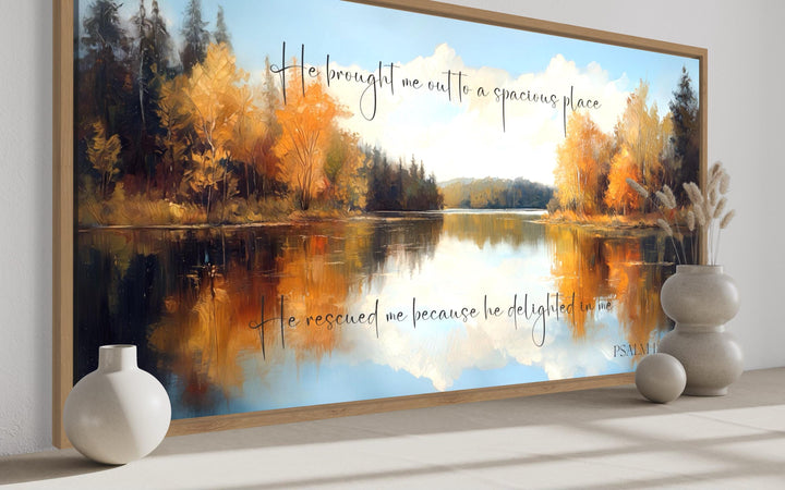 Psalm 18:19 canvas art with autumn lake painting and scripture.