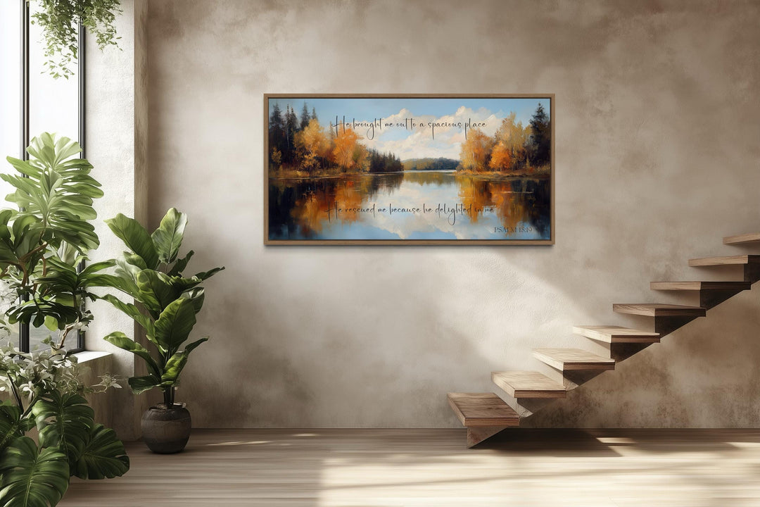 Psalm 18:19 canvas art with autumn lake painting and scripture.