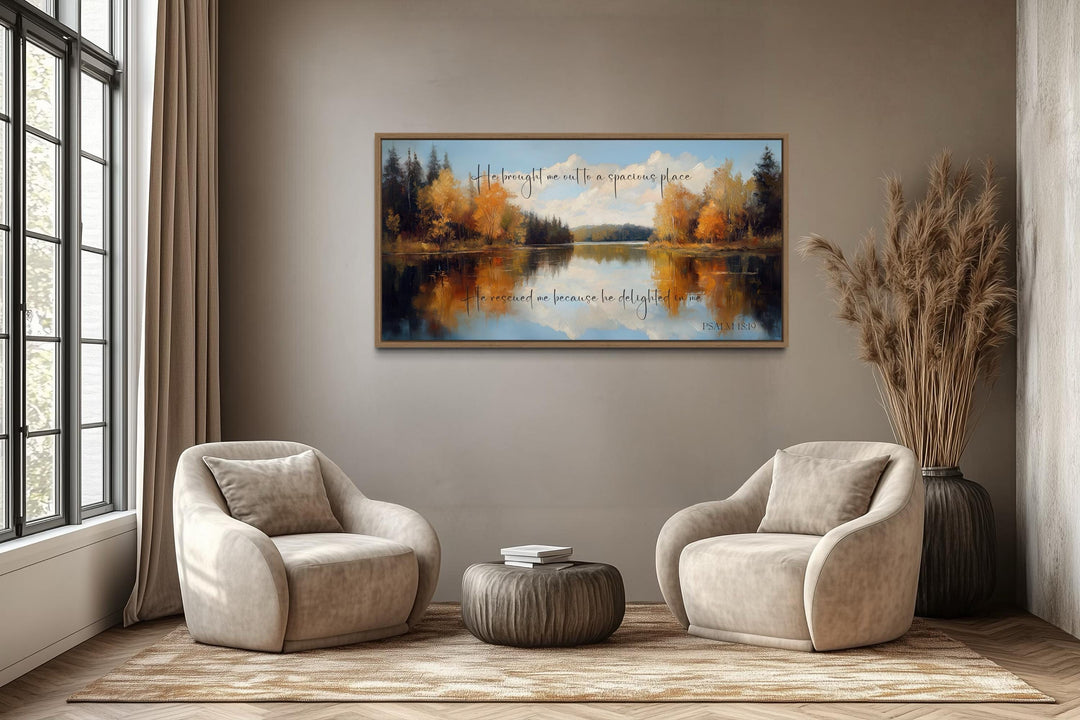 Psalm 18:19 canvas art with autumn lake painting and scripture.