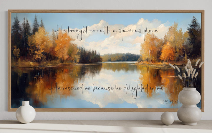 Psalm 18:19 Canvas Art – Autumn Lake Painting | Christian Scripture Wall Decor
