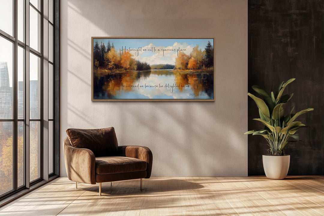 Psalm 18:19 canvas art with autumn lake painting and scripture.