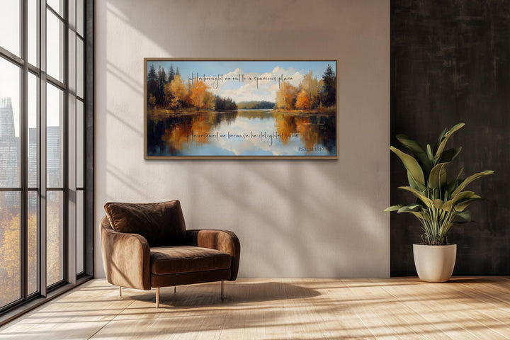 Psalm 18:19 canvas art with autumn lake painting and scripture.