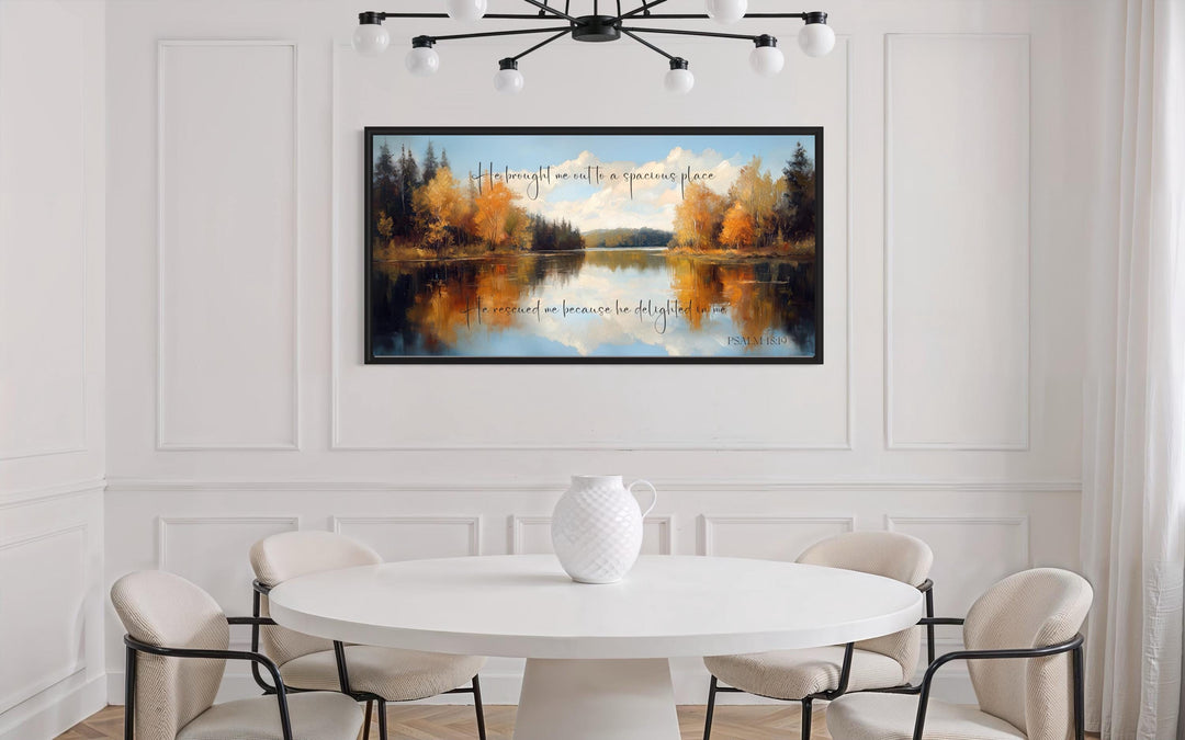 Psalm 18:19 Canvas Art – Autumn Lake Painting | Christian Scripture Wall Decor
