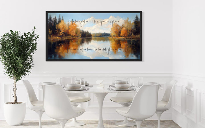 Psalm 18:19 canvas art featuring an autumn lake scene with scripture.