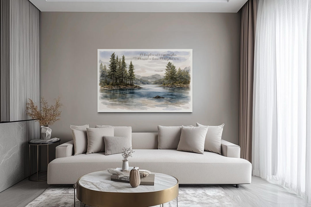 Psalm 18:19 wall art featuring a serene lake landscape canvas print in a modern living room.