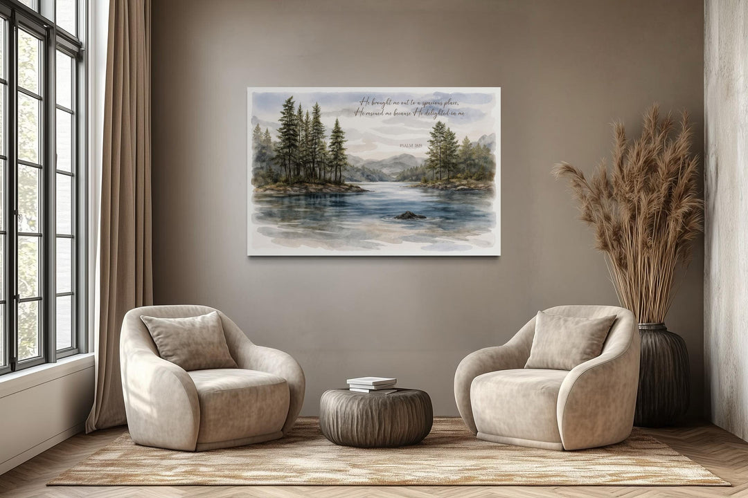 Psalm 18:19 wall art featuring a serene lake landscape canvas print in a modern living room.