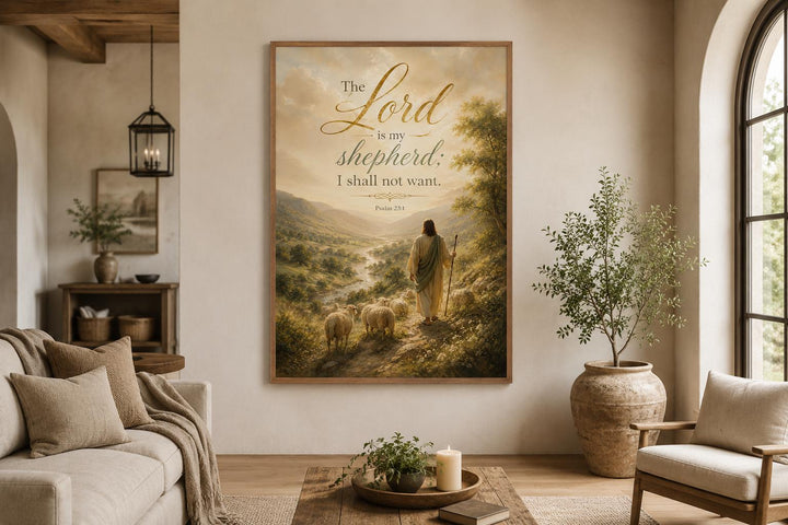 Psalm 23 canvas art featuring a shepherd and sheep in a golden landscape with scripture text.