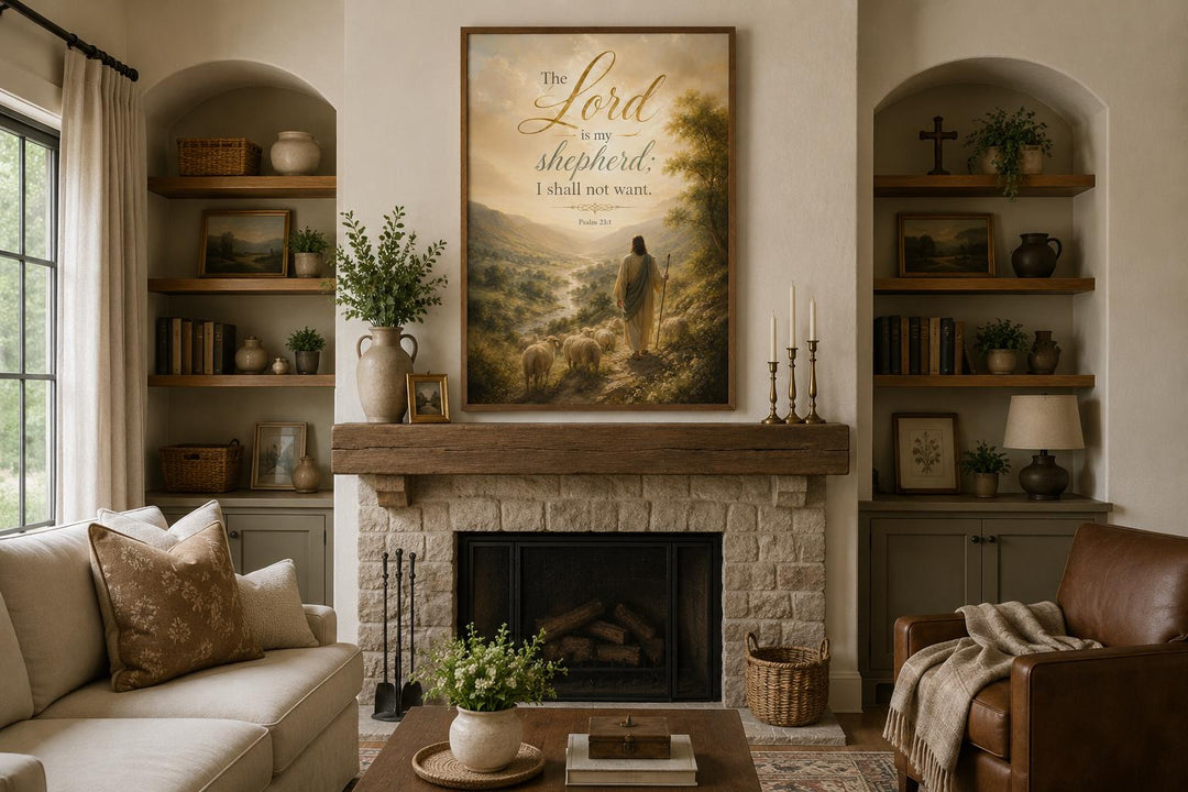 Psalm 23 canvas art featuring a shepherd and sheep in a golden landscape above a stone fireplace.