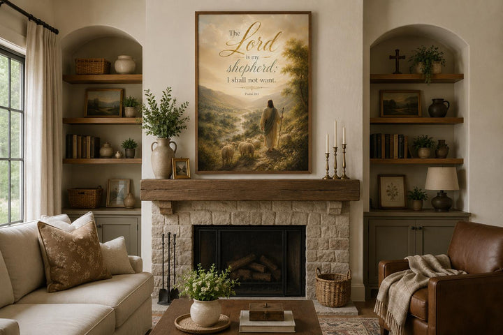 Psalm 23 canvas art featuring a shepherd and sheep in a golden landscape above a stone fireplace.