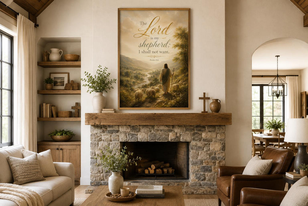 Psalm 23 vertical canvas art with a shepherd landscape above a stone fireplace in a living room.