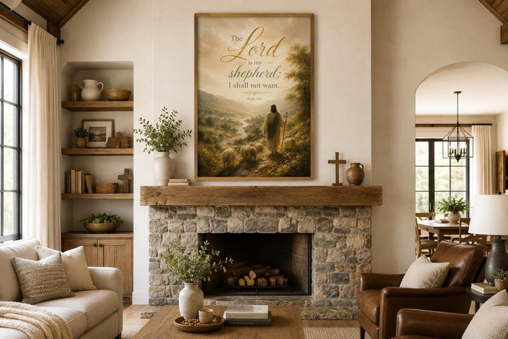 Psalm 23 vertical canvas art with a shepherd landscape above a stone fireplace in a living room.