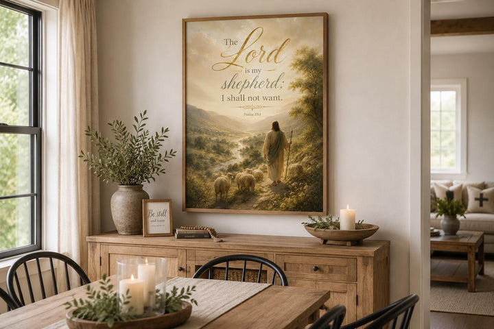 Psalm 23 canvas art showing a shepherd in a valley with gold scripture text above a wooden console.