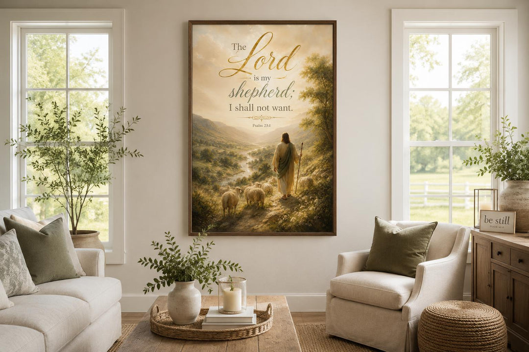 Psalm 23 canvas art featuring a shepherd in a valley with the verse "The Lord is my shepherd."
