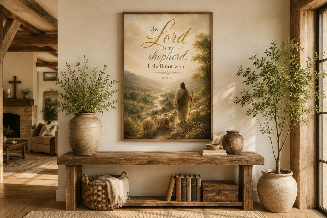 Psalm 23 canvas art featuring a shepherd and sheep in a golden landscape above a wooden console.