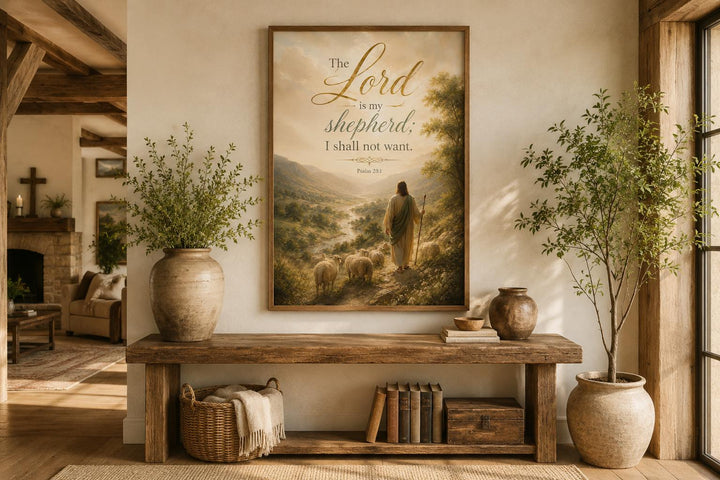 Psalm 23 canvas art featuring a shepherd and sheep in a golden landscape above a wooden console.