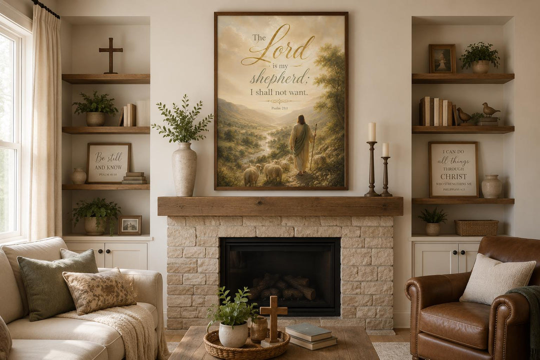 Psalm 23 canvas art featuring a shepherd and sheep in a golden landscape above a stone fireplace.