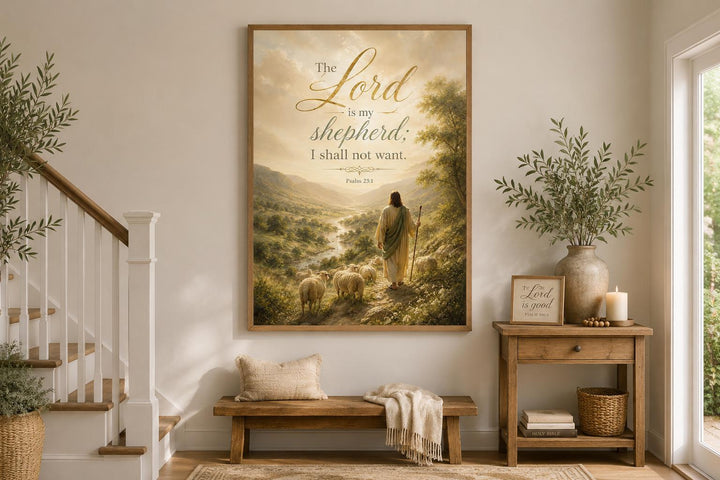Psalm 23 canvas art featuring a shepherd and sheep in a golden landscape, framed on a white wall.