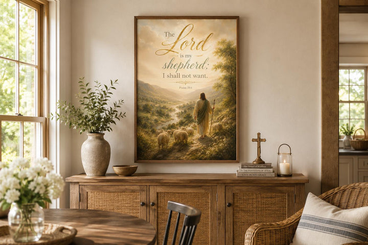 Psalm 23 canvas art featuring a shepherd in a golden valley, displayed above a wooden console table.