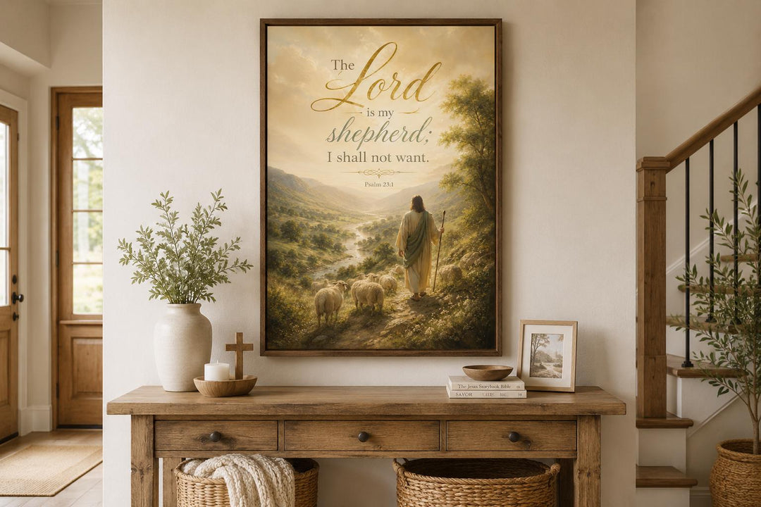 Psalm 23 canvas art featuring a shepherd and sheep in a golden valley, displayed above a wood table.
