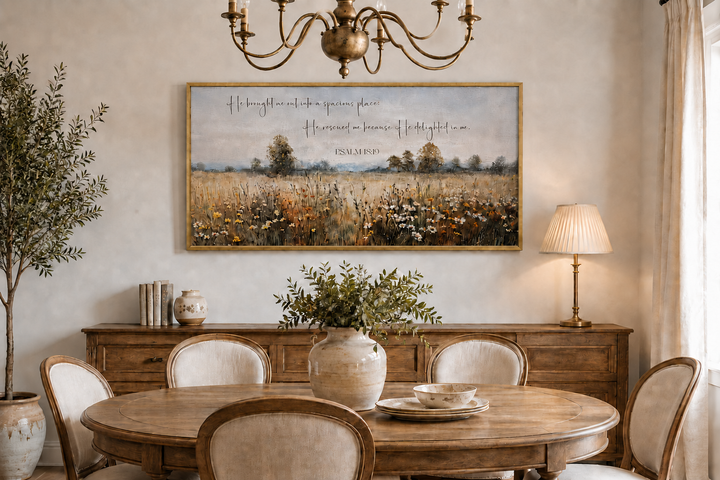 Psalm 18:19 scripture wall art featuring a wildflower field landscape in a gold frame.