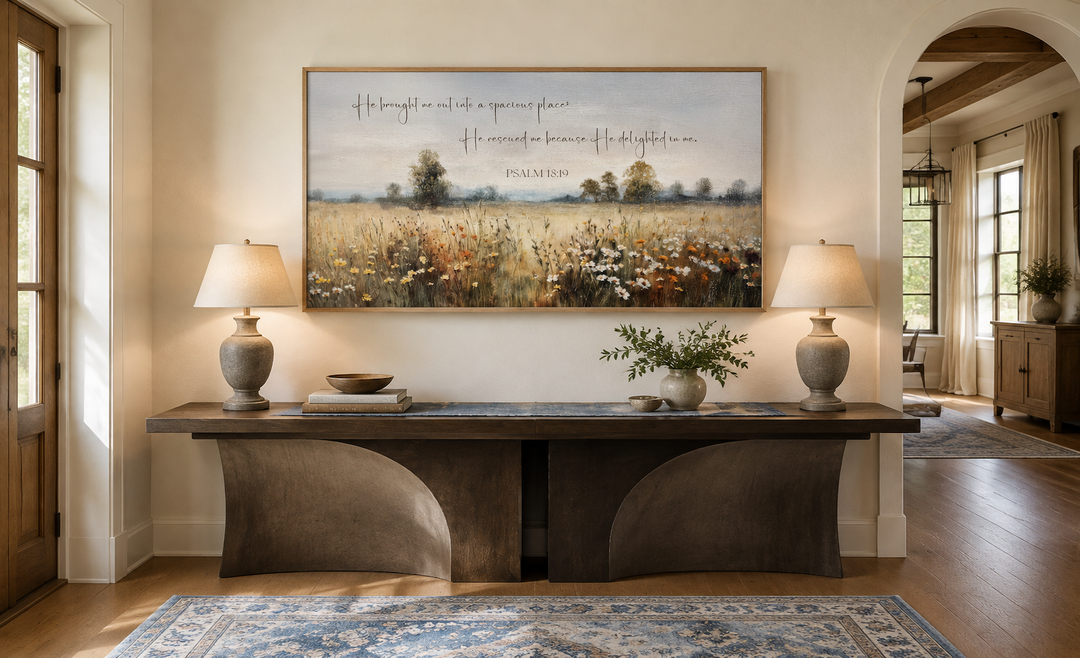 Psalm 18:19 scripture wall art featuring a wildflower field painting on framed canvas.