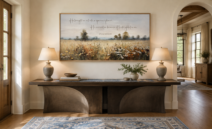 Psalm 18:19 scripture wall art featuring a wildflower field painting on framed canvas.