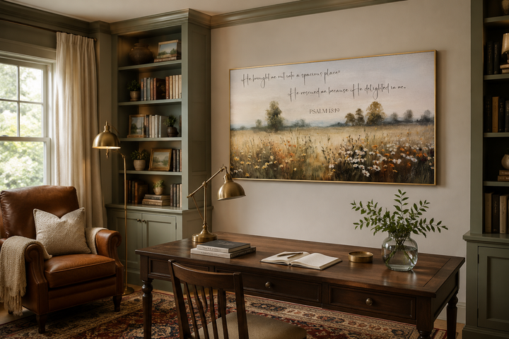Psalm 18:19 scripture wall art featuring a wildflower field painting in a framed canvas.