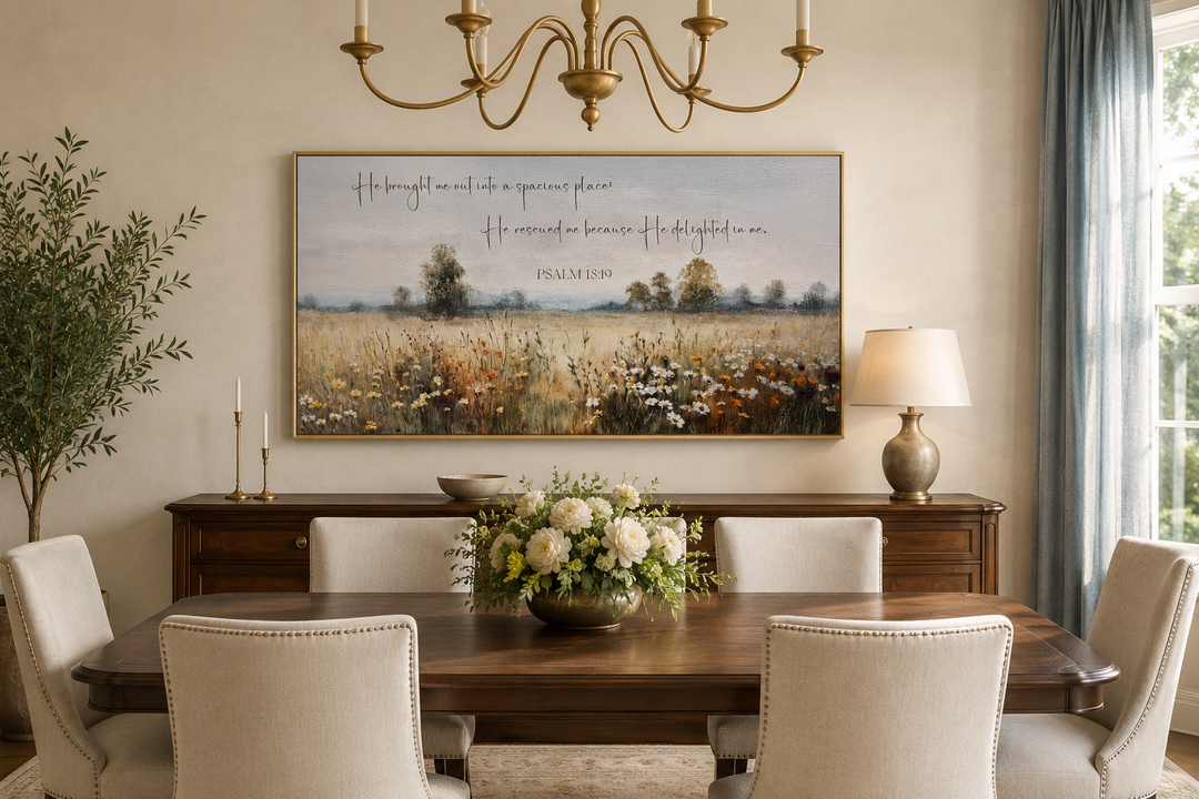 Psalm 18:19 scripture on a wildflower field painting, framed canvas art in a dining room setting.