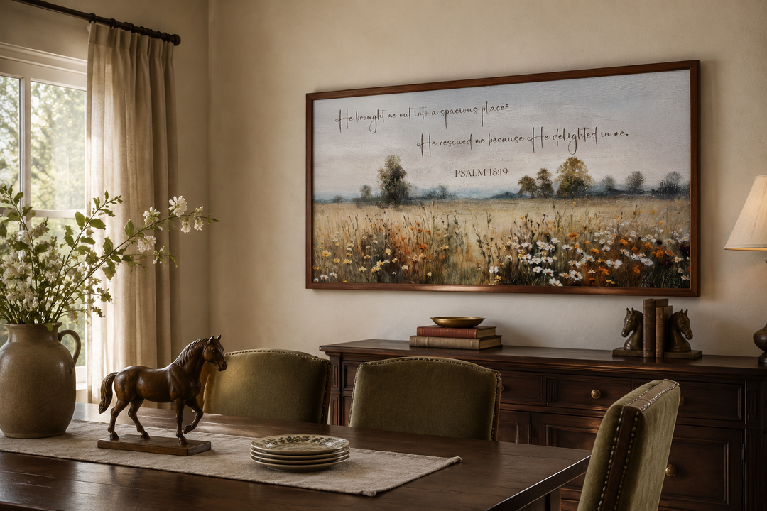 Psalm 18:19 scripture on a framed canvas painting of a wildflower field in a rustic dining room.