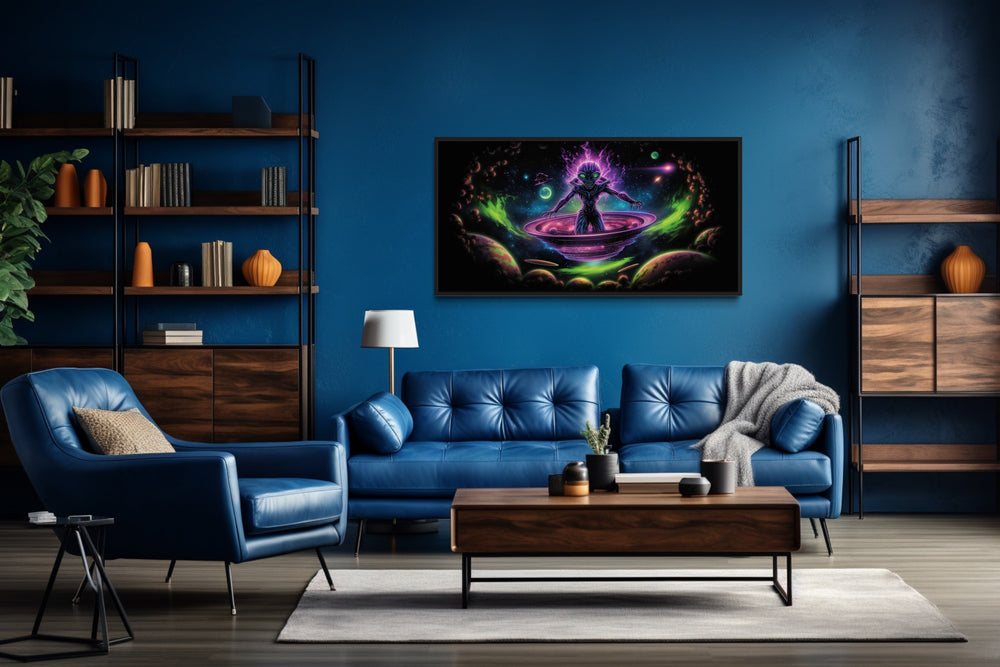 Psychedelic Alien In Flying Saucer Framed Canvas Wall Art