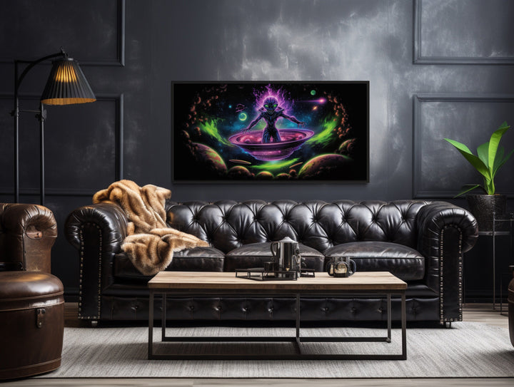 Psychedelic Alien In Flying Saucer Framed Canvas Wall Art