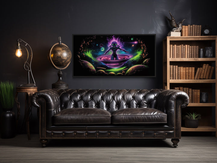 Psychedelic Alien In Flying Saucer Framed Canvas Wall Art