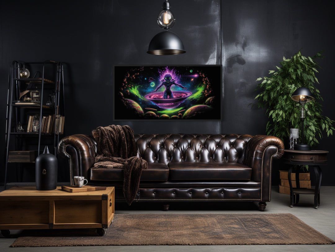 Psychedelic Alien In Flying Saucer Framed Canvas Wall Art