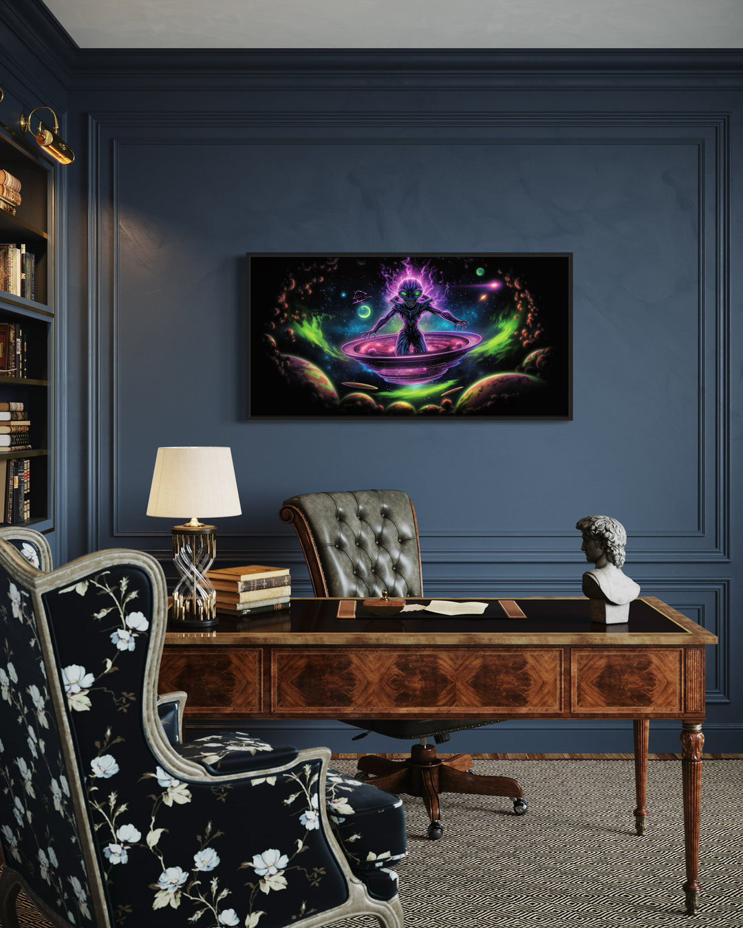 Psychedelic Alien In Flying Saucer Framed Canvas Wall Art