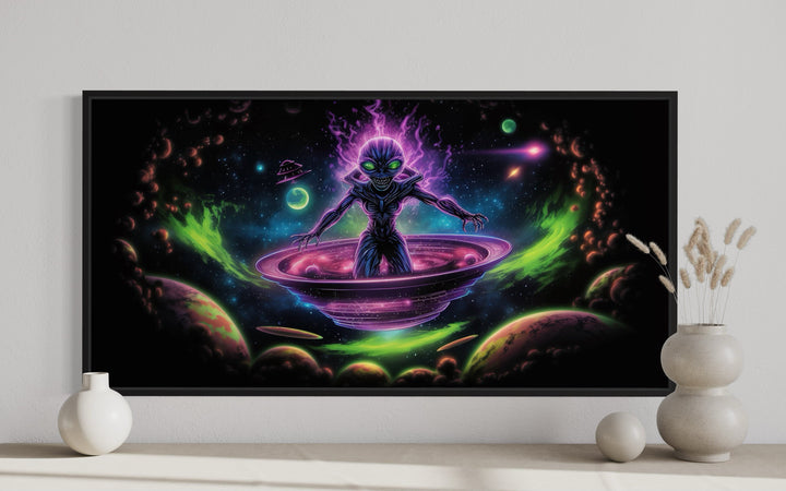 Psychedelic Alien In Flying Saucer Framed Canvas Wall Art