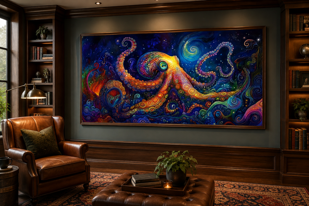 Psychedelic octopus framed canvas wall art in a dark wood-paneled study with a leather armchair.