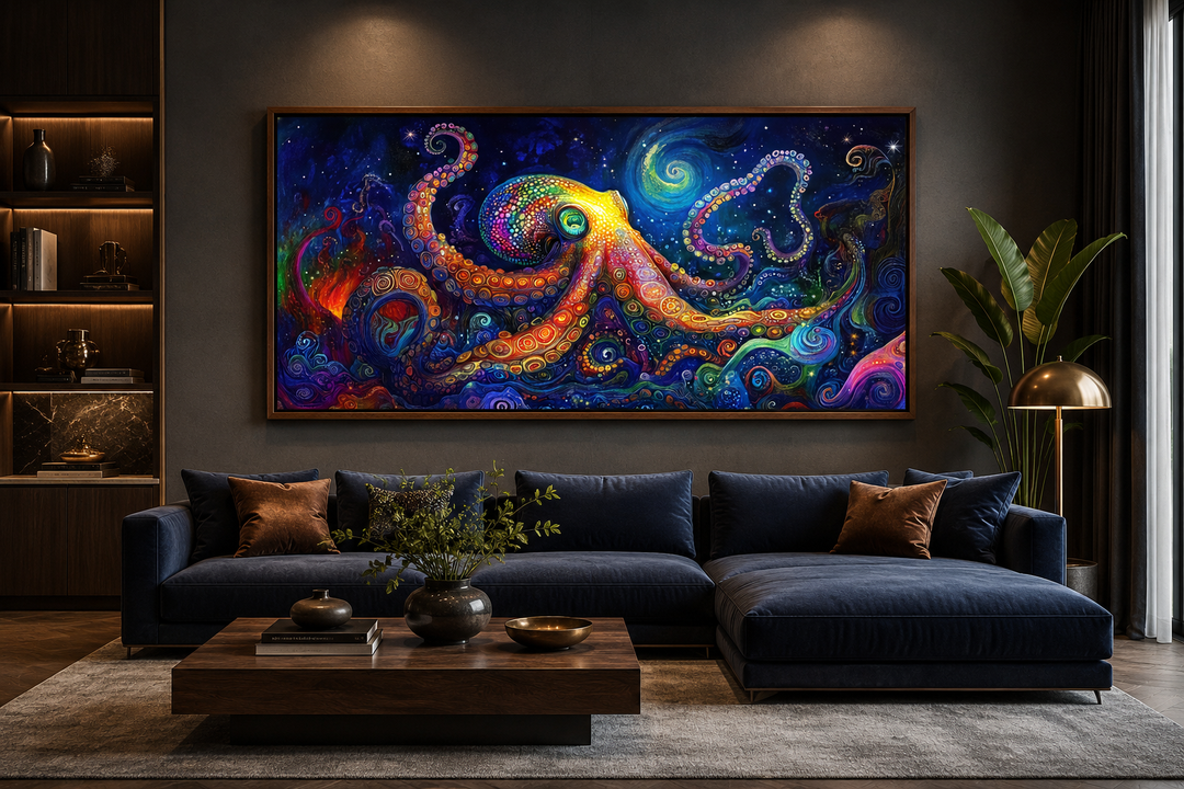Psychedelic octopus framed canvas wall art above a blue sofa in a modern living room.