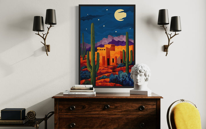 Pueblo With Saguaro Cacti At Night Mexican Desert Wall Art