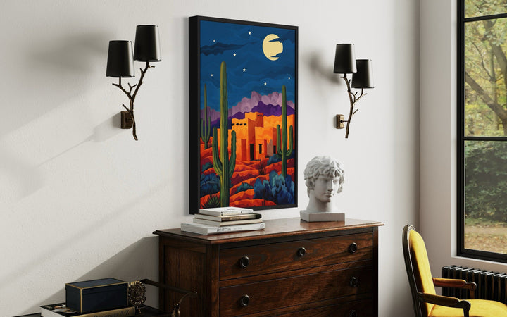 Pueblo With Saguaro Cacti At Night Mexican Desert Wall Art