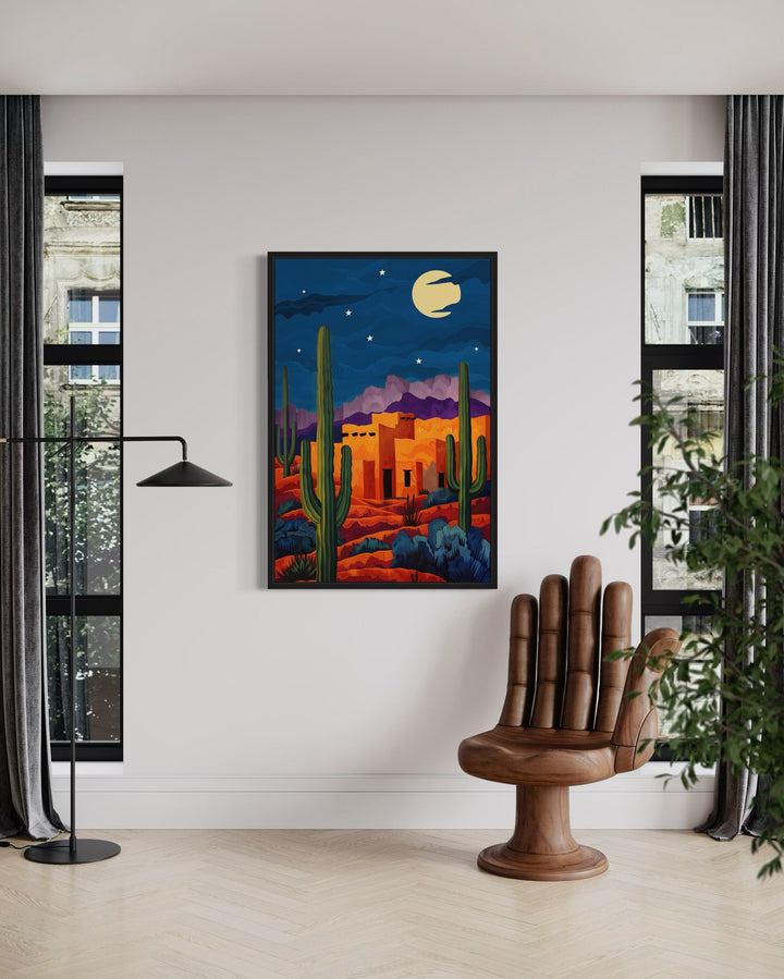 Pueblo With Saguaro Cacti At Night Mexican Desert Wall Art