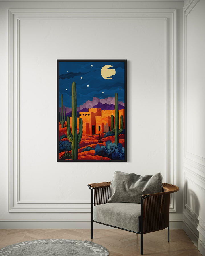 Pueblo With Saguaro Cacti At Night Mexican Desert Wall Art