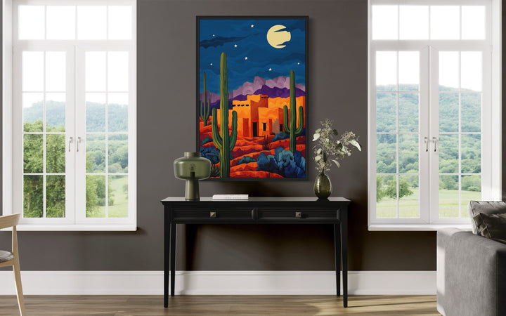 Pueblo With Saguaro Cacti At Night Mexican Desert Wall Art