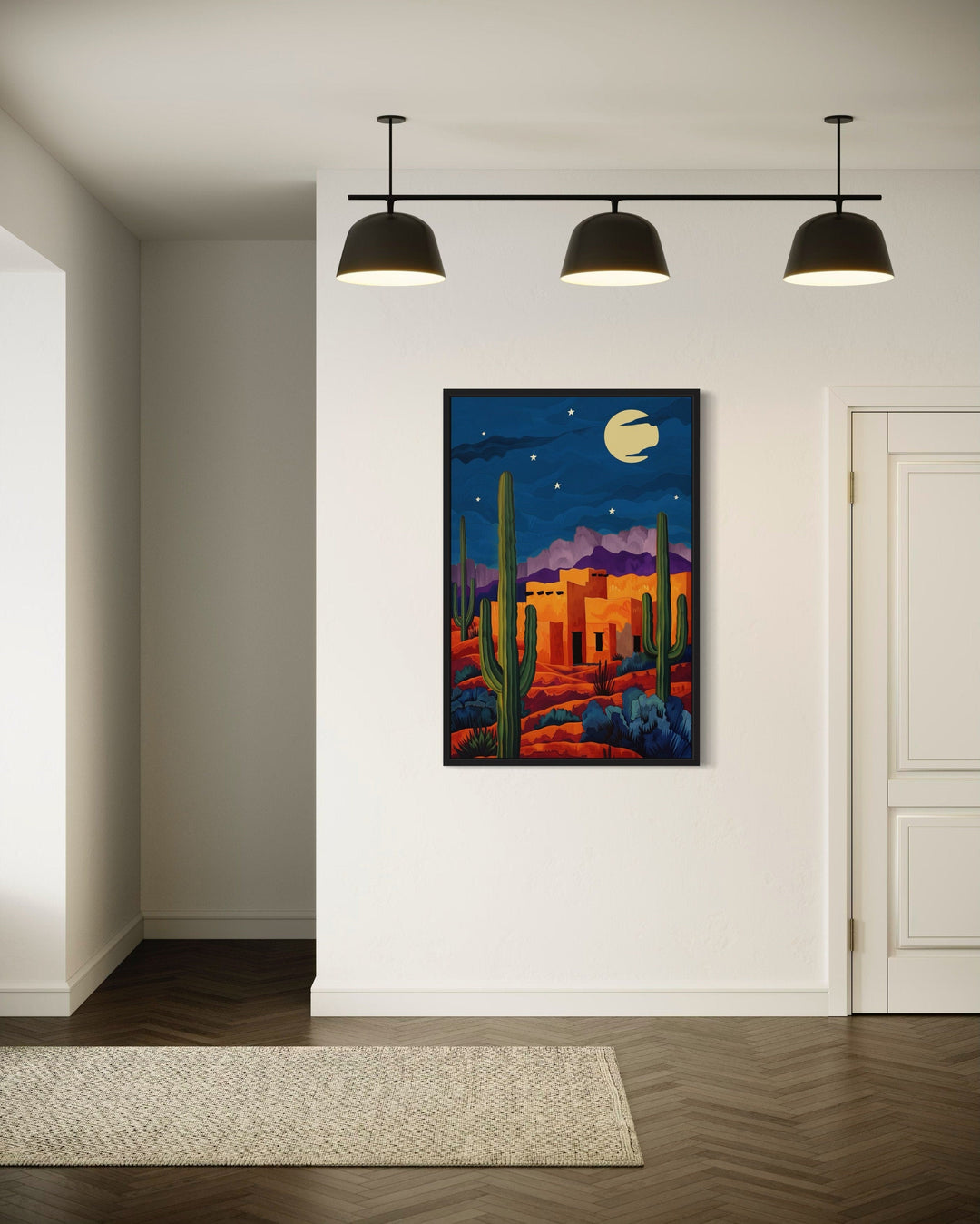 Pueblo With Saguaro Cacti At Night Mexican Desert Wall Art