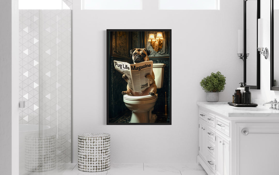 Pug On The Toilet Reading Newspaper wall art in the bathroom