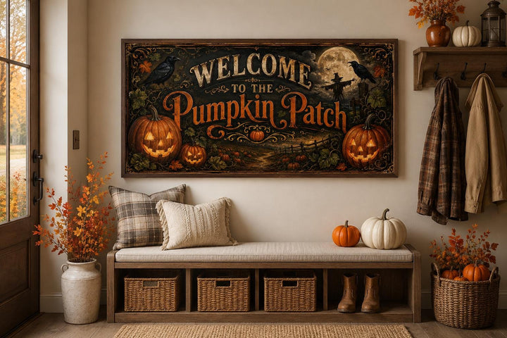 Vintage Pumpkin Patch Halloween sign hanging in a farmhouse entryway with fall decor and pumpkins.